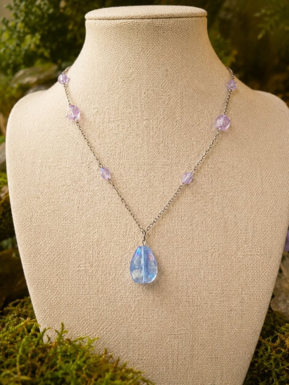Long Lavender Czech Glass Chain Necklace, Iridescent Blue Teardrop Pendant